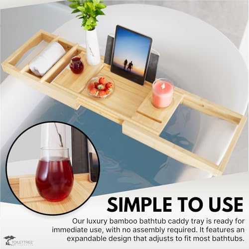 ToiletTree Products Bamboo Bathtub Caddy with Extending Sides and Adjustable Book Holder (Deluxe)