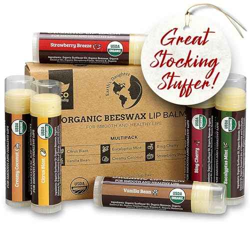 Earth's Daughter USDA Organic Lip Balm 6-Pack - Fruit Flavors, Beeswax, Coconut Oil, Vitamin E - Best Lip Repair Chapstick for Dry Cracked Lips - Moisturizing Lip Care