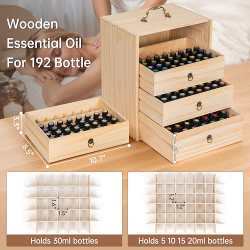 TORIBIO Essential Oils Box for 192 Bottles, Wooden Essential Oils Storage Organizer Holds 5 10 15 20 30 ml for Young Living & Doterra Bottles
