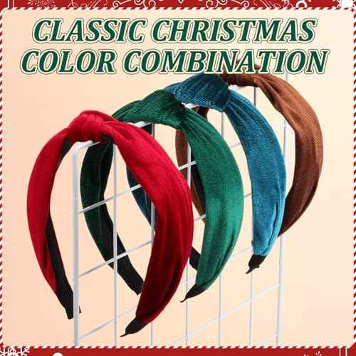 4 Pcs Velvet Knotted Headband for Women Christmas Red Green Blue Brown Hairband Wide Fashion Hair Band for Women Girls No Slip Turban Outfit for Holiday Party Hair Accessories Gifts