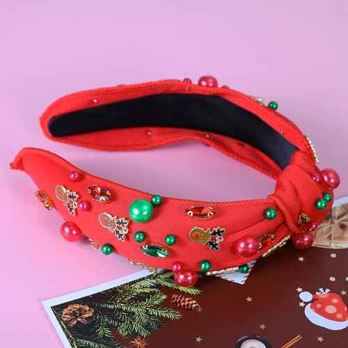 Christmas Reindeer Antler Headbands for Women Girls Red Green Pearl Xmas Knotted Headband Glitter Rhinestone Bejeweled Holiday Headpiece Christmas Party Accessories Gifts