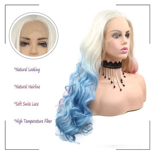 Angle Lucky Cosplay Colorful Wig for Women Synthetic Lace Front Wig Long Wavy Blonde Omber Pink Blue Glueless Wig Heat Resistant Fiber Drag Queen Party Wigs 24Inch