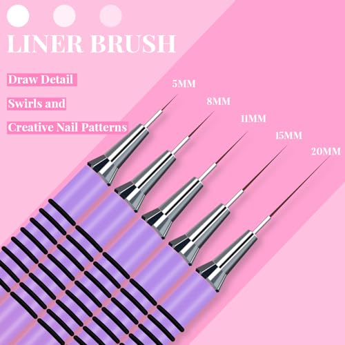 Nail Art Liner Brushes, Nail Art Tools with Striping Nail Art Brushes for Long Lines, Thin Details, Fine Drawing. 5Pcs, Size 5/8/11/15/20mm Striper Brushes Set Christmas Gift for Women