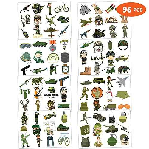 96PCS Camo Temporary Tattoos for Kids - Army Themed Birthday Party Favors, Cute Stickers for Boys & Girls, Fun Gifts, Classroom Prizes, Christmas Party Decorations