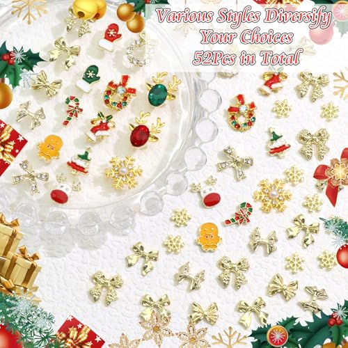 BELICEY 52Pcs Christmas Nail Charms - Gold 3D Bow Snowflake Elk Charms with Gems Rhinestones Accessories Metal Nail Art Supplies Winter Holiday Decorations