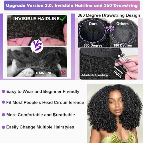 Kinky Curly Half Wig Human Hair 180% Density 3 In 1 Seamless Flip Over Half Wigs Human Hair Glueless Wear and Go Beginner Friendly 18 Inch Drawstring Headband Wig Human Hair for Women Natural Black