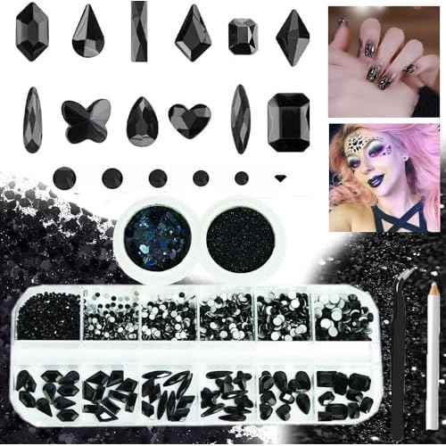 3 Boxes Black Nail Rhinestones with Fine Glitters Kit, 60Pcs Big Assorted Black Nail Gems with S6-S16 Flatback Round Stones,Crystals Nail Gem Stones for DIY Faces Body Crafts
