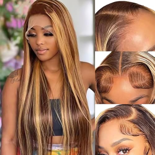 Honey Blonde Ombre Lace Front Wig Human Hair 13x6 HD Transparent Straight Lace Front Wigs Pre Plucked 200% Density 4/27 Colored Human Hair Wig for Women 24 Inch