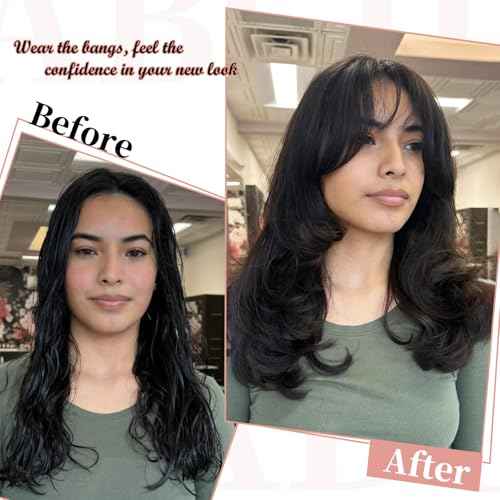 Clip in Bangs, 100% Real Human Hair Natural Black Fake Bangs Clip in Hair Extensions French Bangs Fringe with Temples Hairpieces for Women Curved Curtain Bangs for Daily Wear