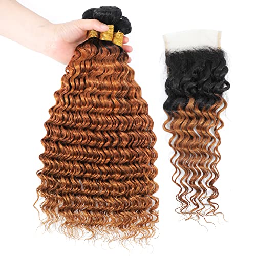Ombre Deep Wave Human Hair 3 Bundles With 4x4 Lace Closure 1B/30 Brown Curly Bundles with Closure Unprocessed Brazilian Virgin Human Hair Extensions For Women (T1B/30,14 16 18+12)
