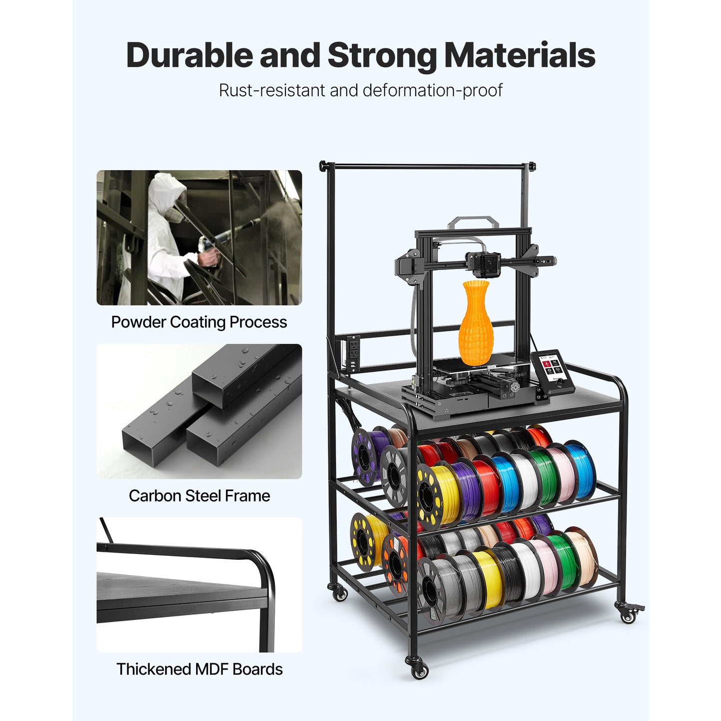 3D Printer Filament Storage Rack - 3-Tier Spool Organizer with Wheels
