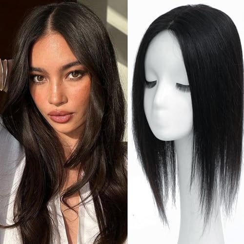 Hair Toppers for Women Real Human Hair 360¡Æ 3D Toppers with Thinning Hair Upgrade Middle Part Clip in Bangs Pieces for Women Daily (Black, 16 Inch-3D-Side)