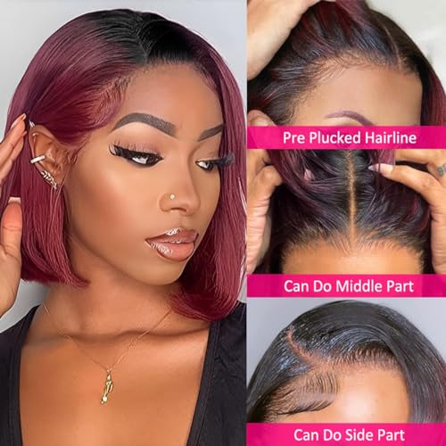 1B Burgundy Bob Wig Human Hair, 13x4 Frontal Lace Wig Short Straight Bob Wigs for Women Human Hair Pre Plucked Natural Hairline Ombre Burgundy Wig 14inch