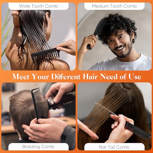 SALONSILK 4PCS Professional Comb Set, Wide Tooth Rat Tail Fine Tooth Hair Combs, Braiding Cutting Barber Styling Curly Parting Set for Men and Women