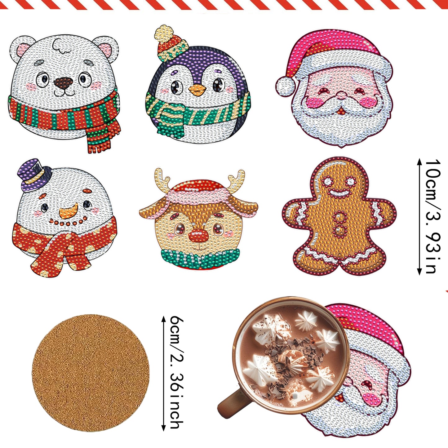 Christmas Rhinestones Art Coasters - 6 Pack Multi-Color Set