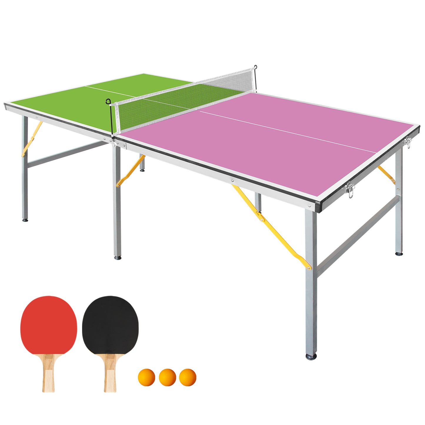 Mid-Size Foldable Table Tennis Table Set with Net, Paddles & Balls - Green/Purple