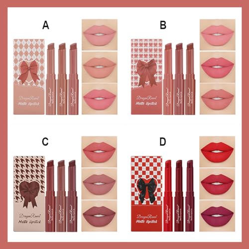 3 Colors Red Tube Lipstick, Cigarette Lipstick Set, Labiales Mate Velvet Lipstick Moisturizer & Smooth, Long Lasting 24 Hours Waterproof (Set A)