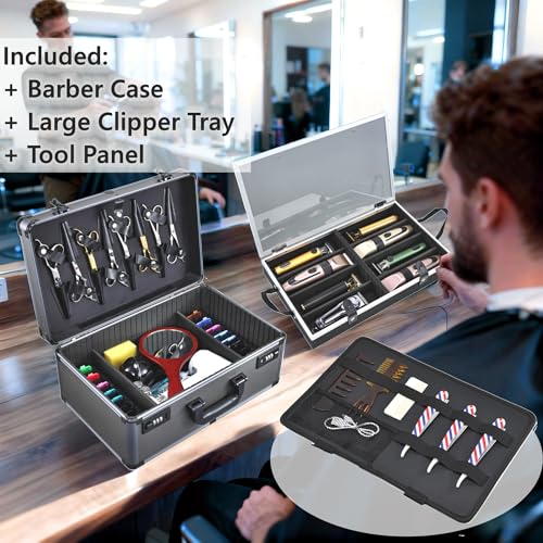 Professional Barber Travel Case - Portable Clipper Organizer Case with Dual Combo Locks, Adjustable Trays for Clippers, Shears, Trimmers - Secure Storage for Mobile Barbers and Stylists