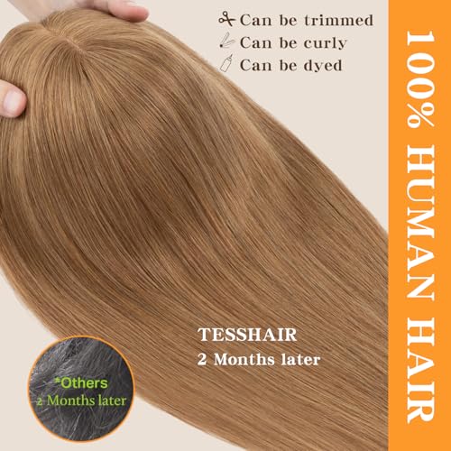 Human Hair Toppers for Women, 150% Density Hair Topper with Bang, No Tangle & Smooth, Upgrade 7x13cm Silk Base, 12 Inch #06 Light Brown