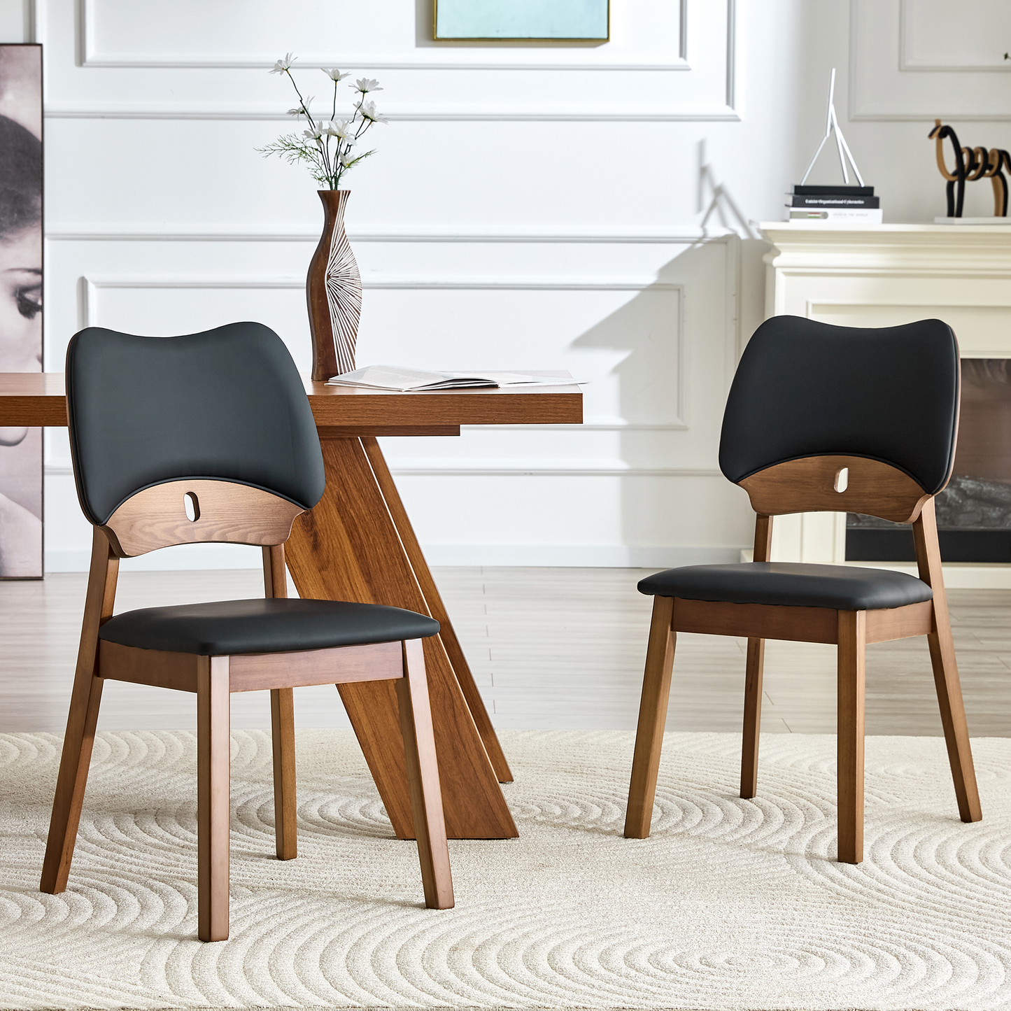 2 Walnut Colored Solid Wood Dining Chairs, With Black PU Soft