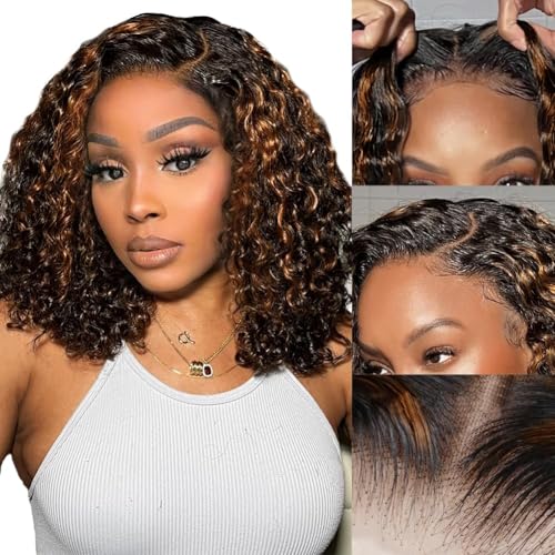 Glueless Wigs Human Hair Pre Plucked Pre Cut 1b/30 Lace Front Wigs Human Hair Wear And Go Ombre Deep Wave Wig 7x5 Pre Everything Highlight Curly Short Bob Wig Human Hair 180% Density 12inch