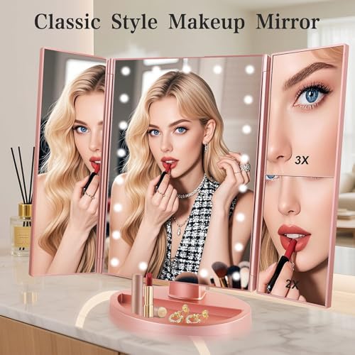 Tri-fold Lighted Vanity Makeup Mirror with 3x/2x Magnification,21 LEDs Light and Touch Screen,180 Degree Free Rotation Countertop Cosmetic Mirror,Travel (Rose Gold)