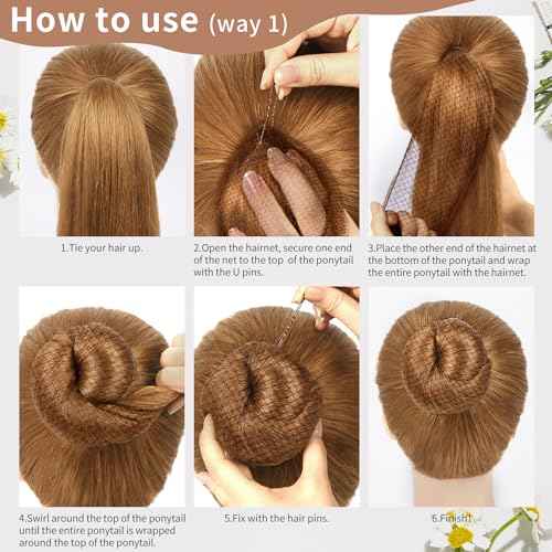 TsMADDTs Hair Nets and U Shaped Pins Set - 30 Hair Nets, 30 2.4 INCH Hair Pins, 5 Hair Bands, Brown