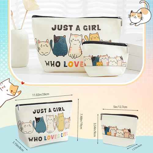 2 Pack Cat Makeup Bags with Zip Just a Girl Who Love Cats Cosmetic Bags Cat Lover Gifts for Daughters, Sisters, Friends, Teen Girl, Women, Ideal Gifts for Travel, Birthdays, Christmas