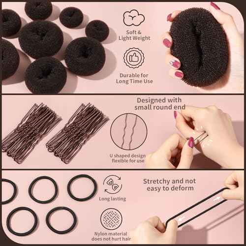 FANDAMEI Hair Bun Maker Set- 8 PCS Hair Donuts for Buns (2 Extra-large,2 Large,2 Medium and 2 Small), 40 PCS Bobby Pins, 5 PCS Hair Elastic Ties Black,Bun Maker - Brown