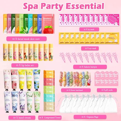 100 PCS Spa Party Supplies for Girls, Spa Party Favors Gifts Set Include Face Masks Skincare, Hand Cream, Lip Balm, Eye Mask, Lip Mask, Hair Ties, Sleepover Slumber Birthday Spa Party Supplies Kit