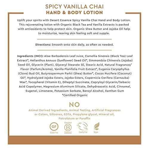Desert Essence Spicy Vanilla Chai Hand & Body Lotion, Uplifting, Smoothes & Softens Skin, No Greasy Residue, Aloe Vera, Shea Butter, Vitamin E, 8 Fl Oz