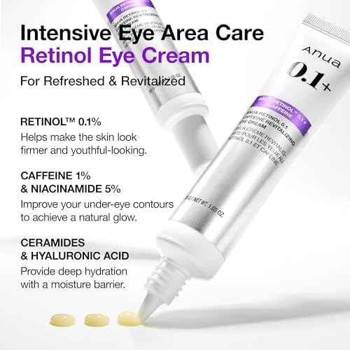ANUA Retinol 0.1 Caffeine Revitalizing Eye Cream, Under Eye Cream For Hydration, Glow Up Eye Contour, Niacinamide, Retinol For Face, Night Cream For Eye Care, Korean Skin Care (30g/1.05oz)