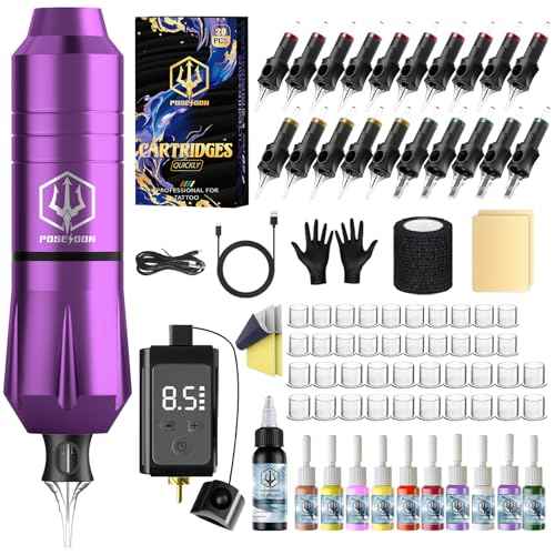 POSEIDON Wireless Rotary Tattoo Machine Kit with 20 Tattoo Cartridge Needles & Ink Set | Professional Portable Tattoo Pen Gun for Beginners | Complete Starter Supplies (TK201)