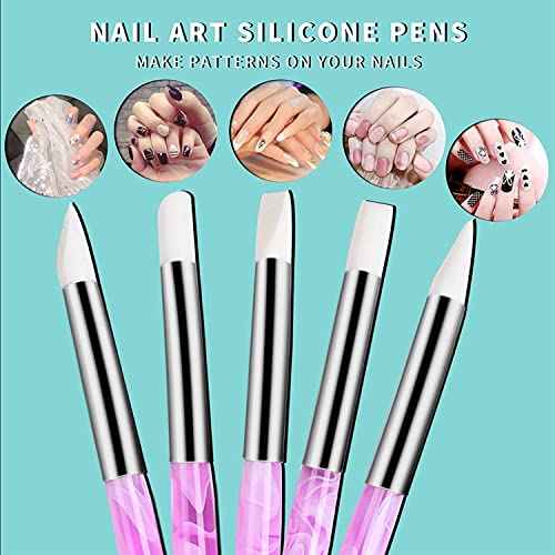 BQAN 5Pcs Nail Art Sculpture Pen, Silicone Nail Art Brushes for Gel, Acrylic Nails, Foil Carving, Drawing & Shaping, Nail Art Tools for Home Salon