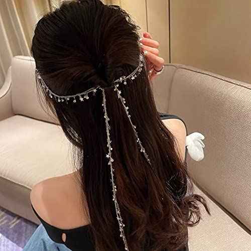 NICENEEDED 3Pcs Hair Chain for Braids, Silver Moon Star Tassel Hair Jewelry, 18 Inches Long Hair Clip Chains in Hair Braiding Hair Extensions for Women Daily Wear Halloween