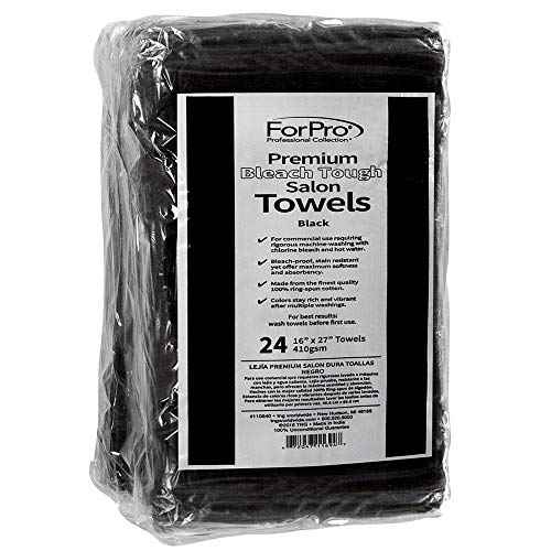 ForPro Professional Collection Premium Bleach Tough Salon Towels, Black, 100% Cotton, Bleach-Proof Towels, Stain Resistant, 16" W x 27" L, 24-Count