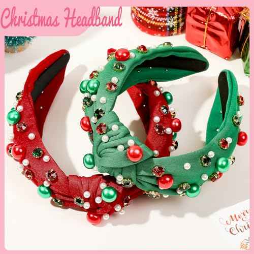 2 Pcs Christmas knotted Headbands for Women Girls Red Green Pearl Rhinestone Headband with Jewel Crystal Winter Christmas Holiday Gifts for Women