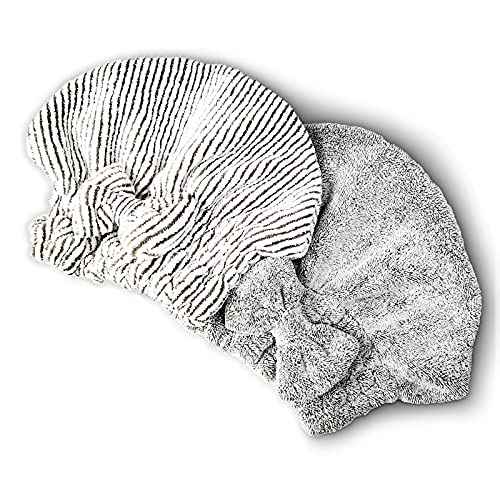 Microfiber Hair Towel Wrap, Soft Absorbent & Quick Drying Cap Set for Curly Thick Hair, Women & Girls - 2 Pcs (Stripe & Gray)