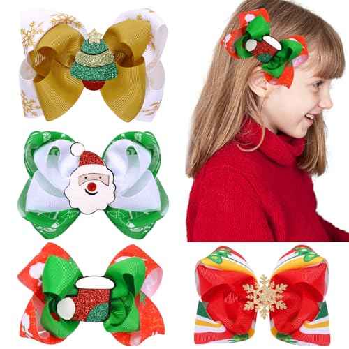 4 Pcs Christmas Hair Bows for Girls, CN 4.5 Inch Girls Bows with Christmas Tree Snowflake Santa Claus Socks Hair Accessories, Toddler Bows Alligator Clips Gift Decorations for Party (4.5inch)