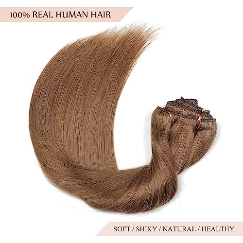 Sisily Clip in Hair Extensions Real Human Hair, 18 inch 150g, Medium Light Brown, 100% Brazilian Remy Human Hair Clip in Extensions Soft Straight 7pcs Per Set with 16 Clips Double Weft