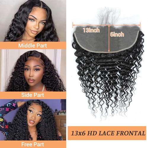 13x6 Frontal Human Hair Deep Wave HD Transparent Ear to Ear 18 Inch Lace Frontal Closure With Baby Hair Free Part 100% Virgin Human Hair Natural Black