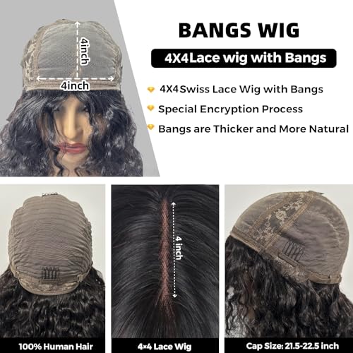 Shaggy Haircuts Curly Human Hair Wig with Bangs 4x4 HD Lace Closure Wig with Bangs Human Hair Wear and Go Glueless Wigs for Black Women 20inch