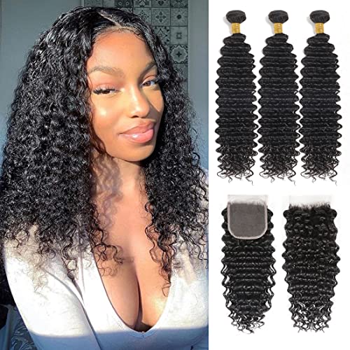 3 Bundles with Closure Human Hair (14 16 18+12 Closure) Deep Wave Bundles with Closure 100% Unprocessed Brazilian Virgin Remy Hair 4x4 Lace Closure with Baby Hair Free Part Pre Plucked for Black Women