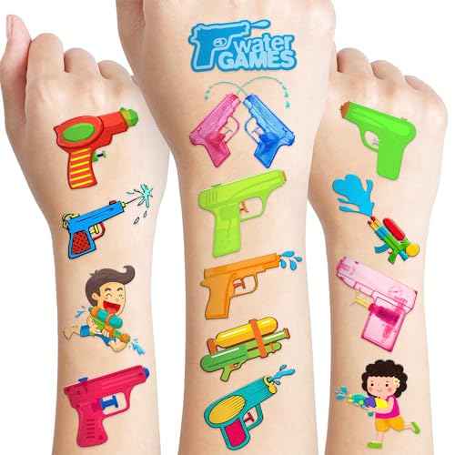 100 PCS Pool Summer Water Gun Temporary Tattoos Sticker Beach Themed Birthday Party Decorations Favors Supplies Gifts Girls Boys Water Game Cute Tattoo Songkran Festival School Reward