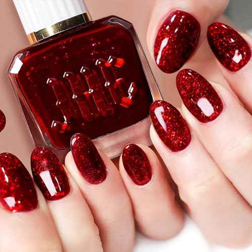 NovaCharm Dark Red Nail Polish - Burgundy Glitter Fingernail Polish - Chunky Bright Nail Varnish - High Glossy Sparkly Nail Polish Fast Drying Nail Gel for Women Girls DIY at Home
