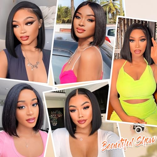 AISI Glueless Bob Wig Human Hair Pre Plucked Short Straight Bob Wigs for Black Women Pre Cut 4x4 Lace Closure HD Transparent Glueless Lace Front Wigs Human Hair 180% Density 12 Inch