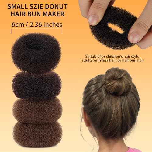 Teenitor Small Donut Hair Bun Maker Set - 2 Dark Brown 2 Light Brown Small Size Hair Bun Maker, Hair Donuts for Buns Kids, 5 Elastic Bands, 20 Hair Pins, Bun Maker For Kids