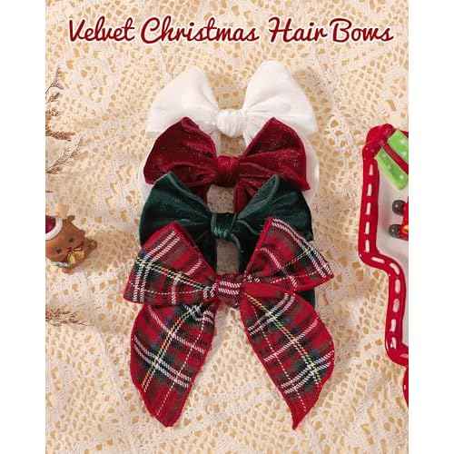 doboi 4PCS Baby Girls Hair Clips Large Christmas Fable Hair Bows Velvet Bows for Girls Gingham Hair Accessories for Baby Toddlers Kids