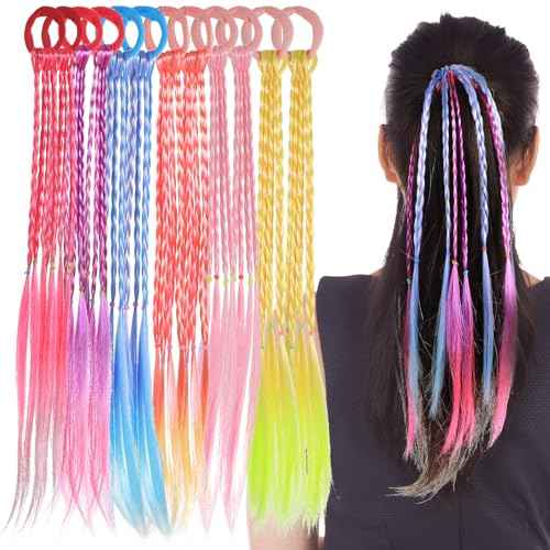 12 Pieces Colored Braids Hair Extensions with Rubber Bands Rainbow Ponytails Braided Colorful Hair Extension for Girls Hair Accessories Colorful Synthetic Hairpieces