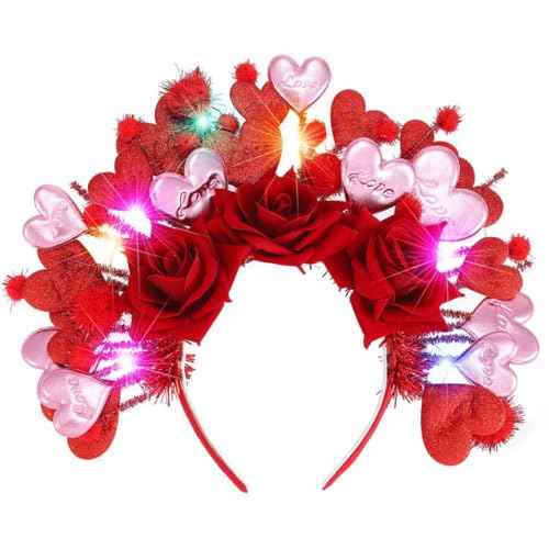 Fashey Light Up Heart Headband Led Flashing Valentine Headbands Red Flower Hairband Festival Party Costume Hair Accessories for Women and Girls